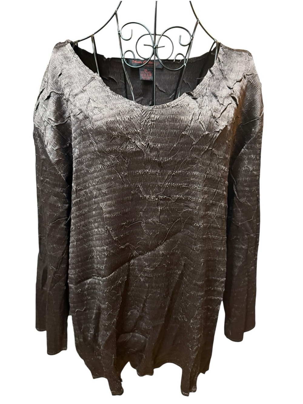 VTG Y2K Pleats Collection Crinkled Textured Satin Long-Sleeve Blouse Deep Brown